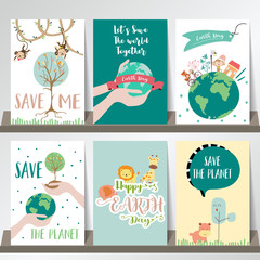 Green collection for banners,Flyers,Placards with world,ribbon,tree,flower,hippopotamus,elephant,giraffe,lion,fox,hand and hippo.Happy earth day
