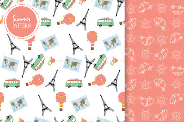 Light pink green white seamless pattern with eiffel tower,map,car and balloon in summer