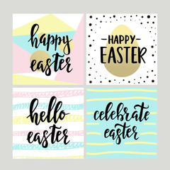 Set with Happy Easter gift cards with calligraphy. Handwritten lettering. Hand drawn design elements