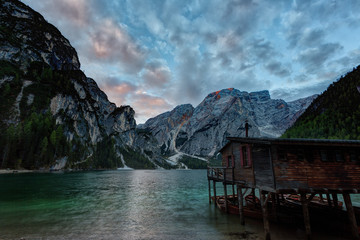 Fototapeta na wymiar Braies lake and Dolomiti on sunrise, Trentino Alto Adige, Italy