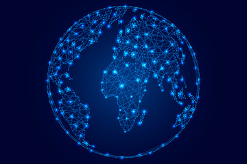 Abstract world map on a globe ball of polygonal blue lines, stars on a dark background of vector illustration