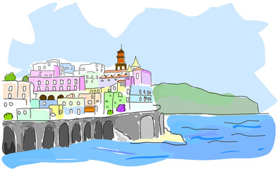 Mediterranean town. Sketch of sea town in watercolor style. Vector illustration