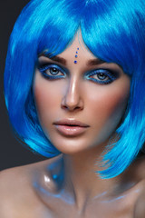 Beautiful girl in blue wig