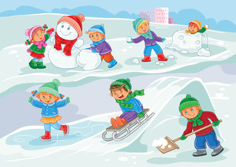  illustration of little children playing outdoors in winter