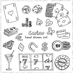 Hand drawn doodle set of Casino icons. Vector illustration. Cartoon Gambling symbols. Sketchy game elements collection: bet, jackpot, cards, chips, coins, darts, roulette, poker, money, slot.