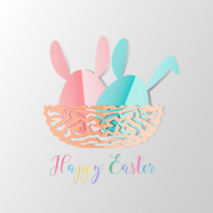 Colorful Easter bunnies in easter eggs on nest egg on gray background, paper cut style design by Vector illustration EPS 10.