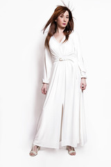 beautiful fashion girl in white long dress