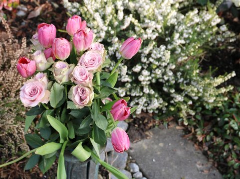  Blumenstrauß mit rosa Tulpen  und Rosen schmückt Grab im Frühling 