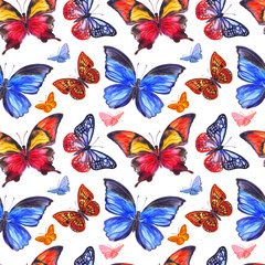 Seamless watercolor pattern of multi-colored butterflies on a white background.