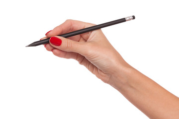 Woman's Hand With Red Nails Holding Pencil Isolated
