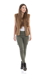 Fototapeta premium Casual Woman Walking Towards Camera Front View