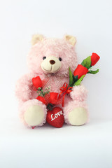 Teddy bears, pink and red roses on a white background.