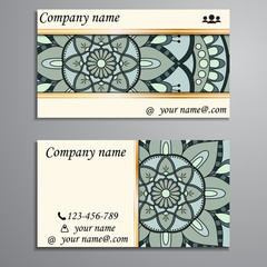 Visiting card and business card set with mandala design element logo. Abstract oriental Layout. Front page and back page