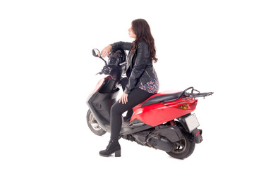Fototapeta na wymiar young woman with motorcycle isolated in white