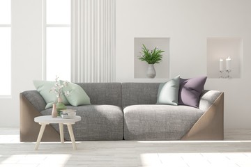 White modern room with sofa. Scandinavian interior design. 3D illustration