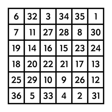 6x6 magic square of order 6 of astrological Sun with magic constant 111. The sum of numbers in any row, column, or diagonal is always one hundred eleven. Isolated black and white illustration. Vector.