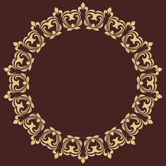 Oriental vector round golden frame with arabesques and floral elements. Floral fine border with vintage pattern. Greeting card with place for text