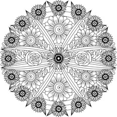Seamless black and white background. Floral hand drawn elements for design. Good for coloring book for adults or design of wrapping and textile.