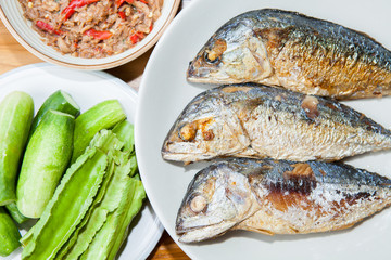 Fried mackerel with shrimp paste sauce and vegetable set. Thai food