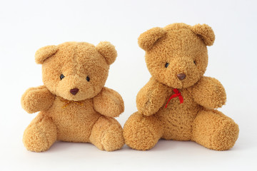 Two brown teddy bear on a white background.