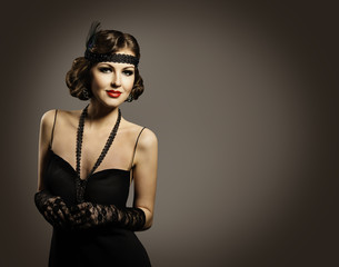 Retro Fashion Beauty, Beautiful Woman Portrait, Girl Old Fashioned Hairstyle Makeup Dress, over...