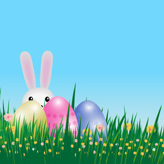 Easter background. Template card with eggs, grass, flowers and bunny. Vector