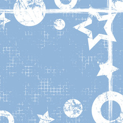 Vector drawn geometric background with geometrical figures, frame, border. Grunge template with stars, circles, dots Old style vintage design. Graphic illustration with cracks, attrition Square format