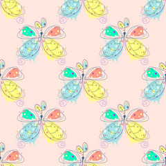 Vector seamless pattern with insect Hand drawn outline decorative endless background with cute drawn butterfly Graphic illustration. Line drawing. Print for wrapping, background, decor