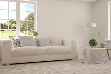 White room with sofa and green landscape in window. Scandinavian interior design. 3D illustration