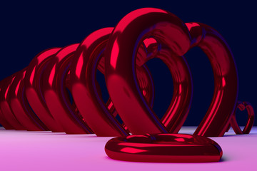 3D-Rendering von großen, roten, glänzenden Herzskulpturen