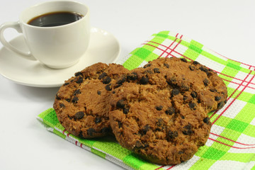 Coffee cup with oatmeal cookie chocolate on white background