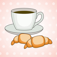 Still life with coffee and two croissants, vector illustration.