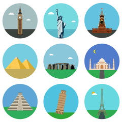 World landmarks flat icons set. Vector 