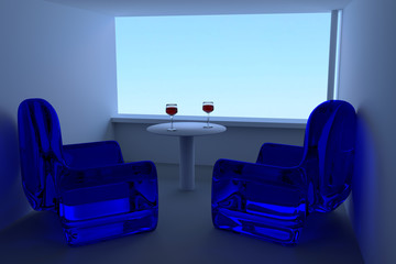 Blick auf einen blauen Himmel, transparente blaue Sessel, zwei Weingläser und Sonnenschein