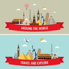 Travel composition with famous world landmarks icons. Vector