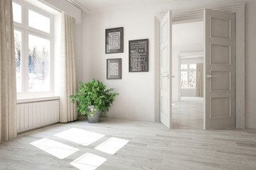 White empty room with winter landscape in window. Scandinavian interior design. 3D illustration