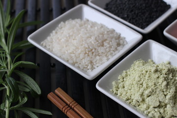 sushi preparation, preparing sushi, preparing japanese food, component of sushi, component od Japanese food, sushi, wasabi, sesame, black sesame, ginger, red ginger, rice for sushi, rice, special rice