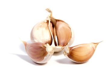 Fresh organic garlic and cutted garlic clove isolated on white background