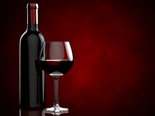 bottle with red wine and glass on a red background. 3d illustration.