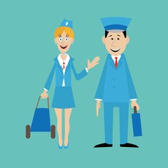 pilot and flight attendant isolated on blue background. vector illustration of cartoon