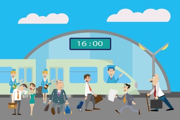 people at the railway station. to Board the train. vector illustration.