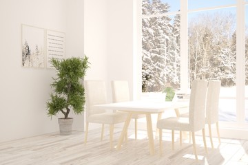 Fototapeta premium White dinner room with winter landscape in window. Scandinavian interior design. 3D illustration