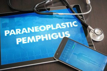 Paraneoplastic pemphigus (cutaneous disease) diagnosis medical concept on tablet screen with stethoscope - obrazy, fototapety, plakaty