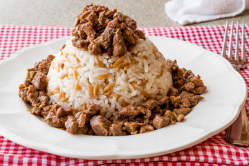 Turkish Meat Et Kavurma with rice / pilav.