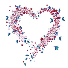 Colorful floral heart, invitation card template with hand drawn flowers and leaves. Vector illustration EPS10.