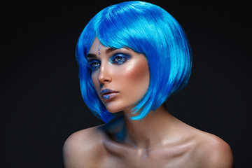 Beautiful girl in blue wig