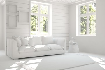 White room with sofa and green landscape in window. Scandinavian interior design. 3D illustration