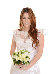 isolated portrait of bride with flower bouquet