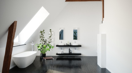 Interior of a modern black and white loft bathroom - obrazy, fototapety, plakaty