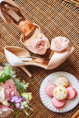 Beige wedding shoes close up